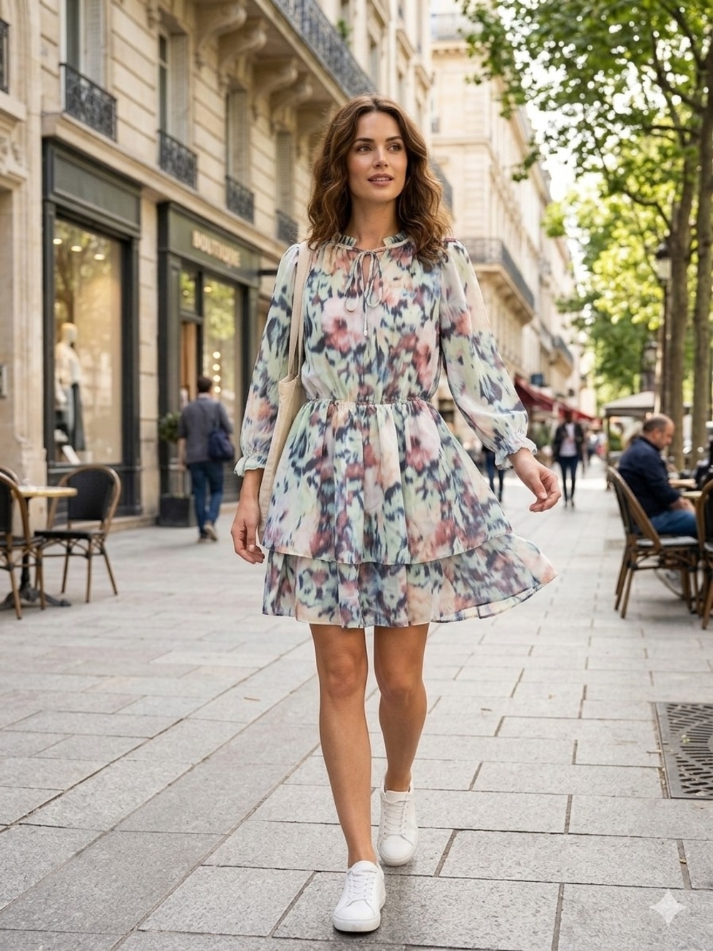 Tiered Floral Long-Sleeve Mini Dress in Pastel Multicolor